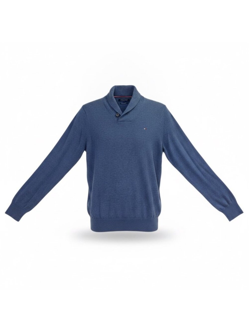 Tommy Hilfiger Mens Navy Pullover Sweater Shawl Collar Logo Long Sleeve Sz L